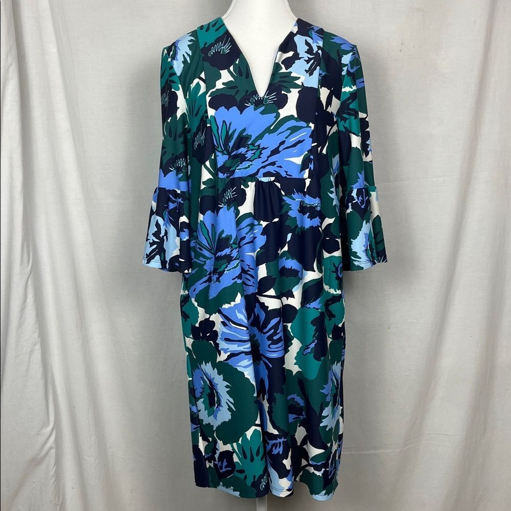 Jude Connally Kerry Green and Blue Floral Midi Dress Bell Sleeves